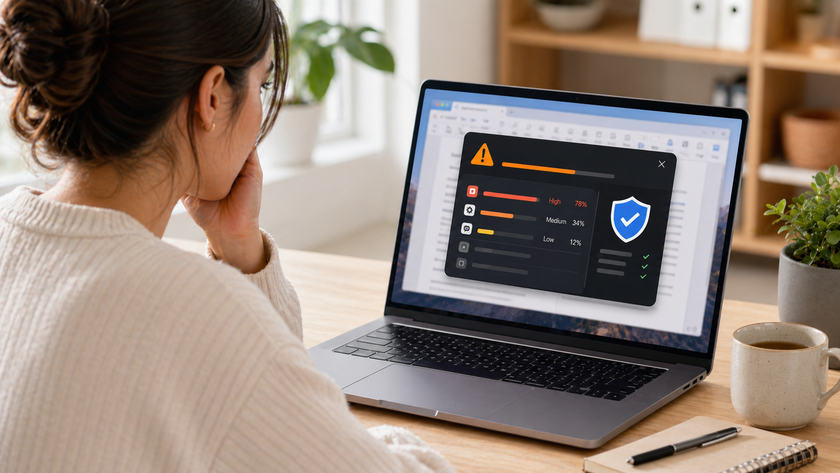 A laptop showing a slowdown warning while a work document stays protected in the background.