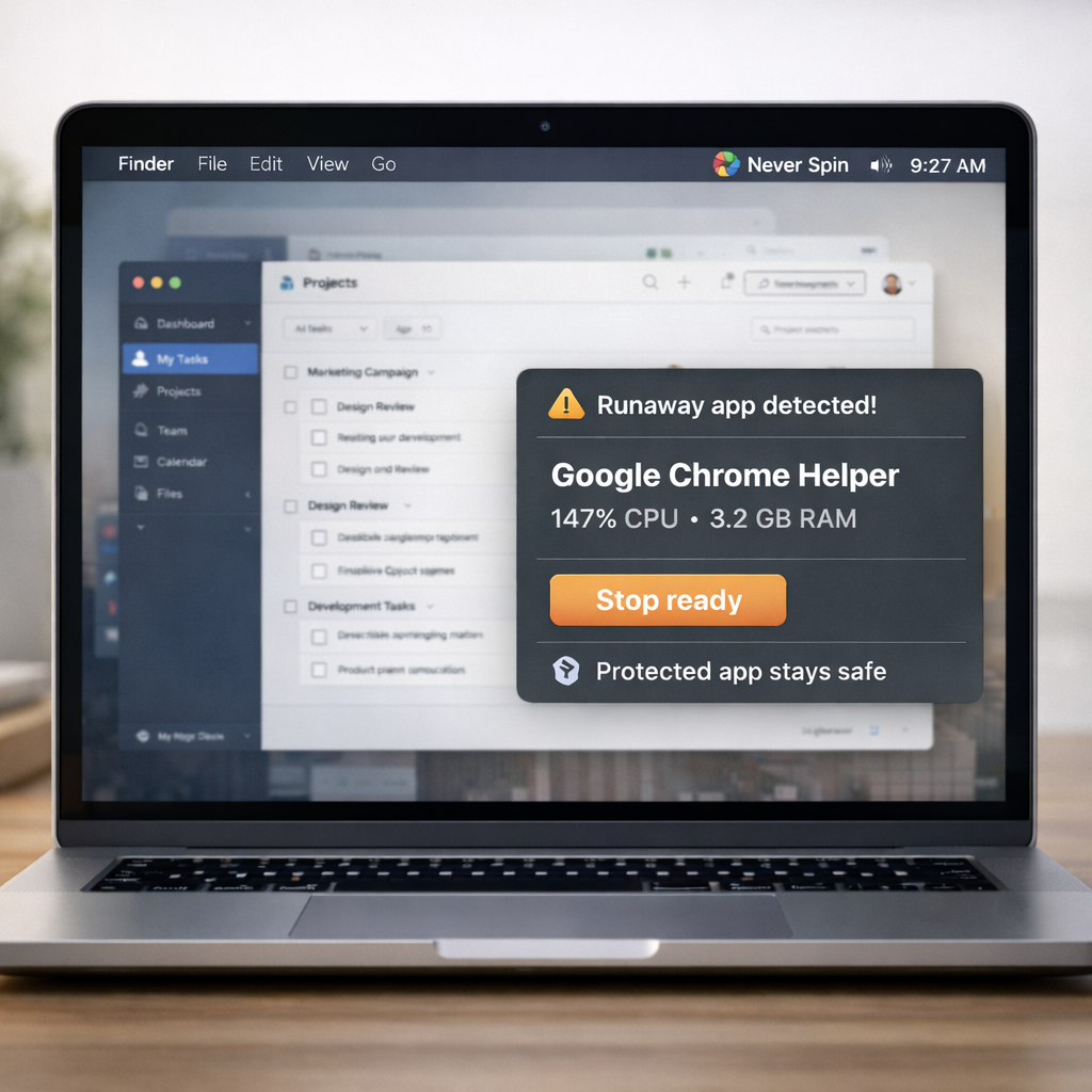Realistic macOS laptop showing Never Spin in the menu bar with a runaway app warning while the active app stays protected.