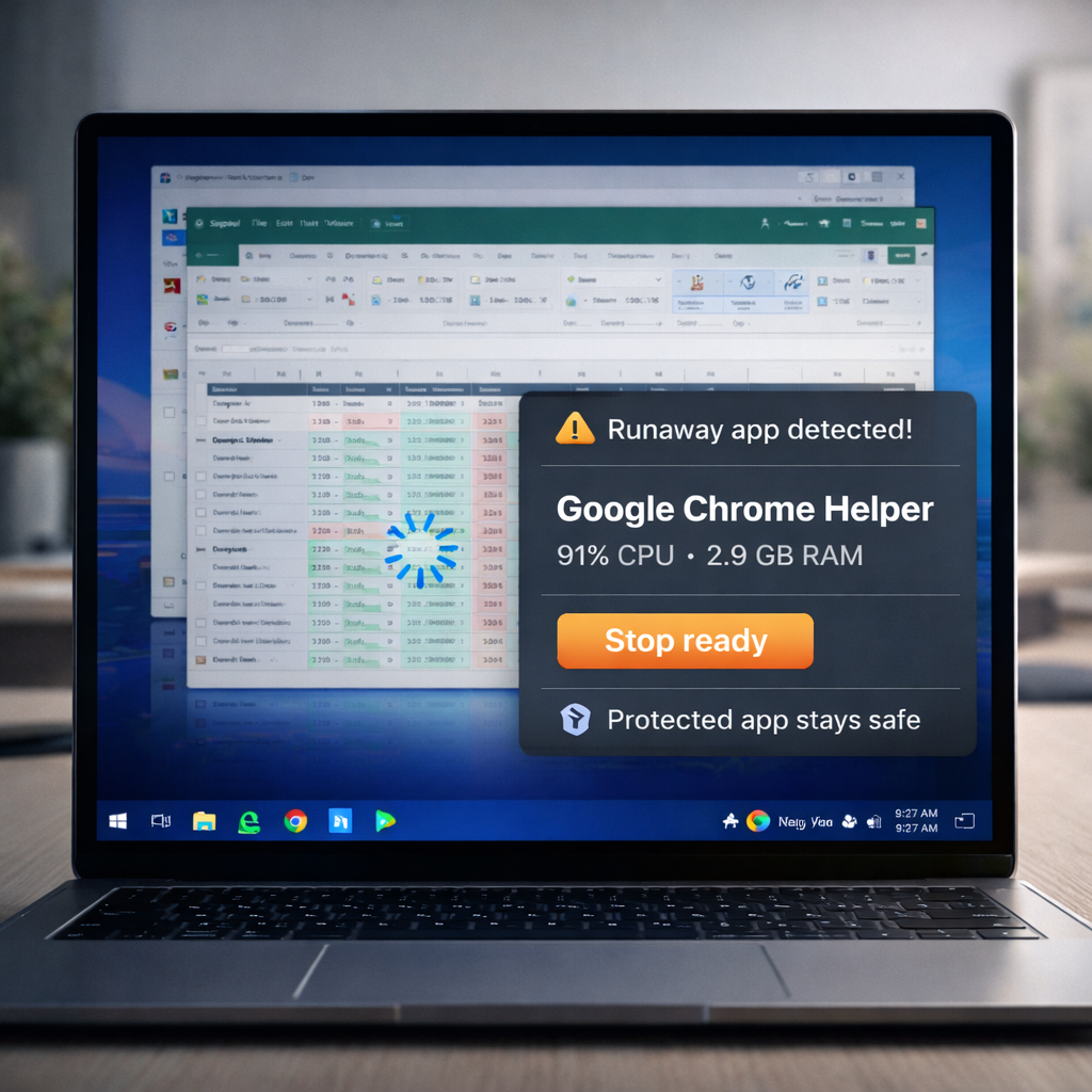 Realistic Windows laptop showing Never Spin in the system tray with a runaway app warning beside the Windows loading spinner.
